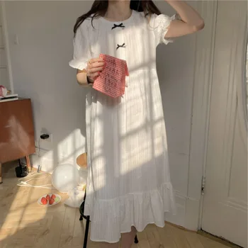 As mulheres Brancas de Verão Camisola Longa Pijamas Manga Curta com Babados Solta Arcos de Casa, de Roupa Casual Algodão Doce Homewear