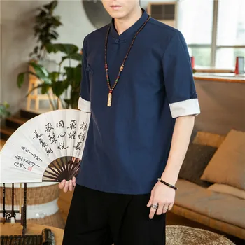 Chinês Tradicional Roupa de Homens de Camisa de Verão Vintage Bloqueio de Cor a Placa do Botão de Tang T-shirt Original Zen Chá Solto Topo
