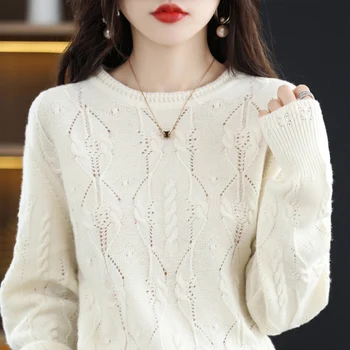 100% pura lã de mulheres pulôver O-pescoço suéter de cashmere da primavera e do outono nova moda casual soft high-end superior de cor sólida